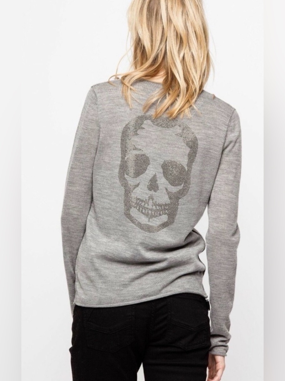 Zadig & Voltaire Heather Charcoal V-Neck Long Sleeve Rhinestone Skull Sweater